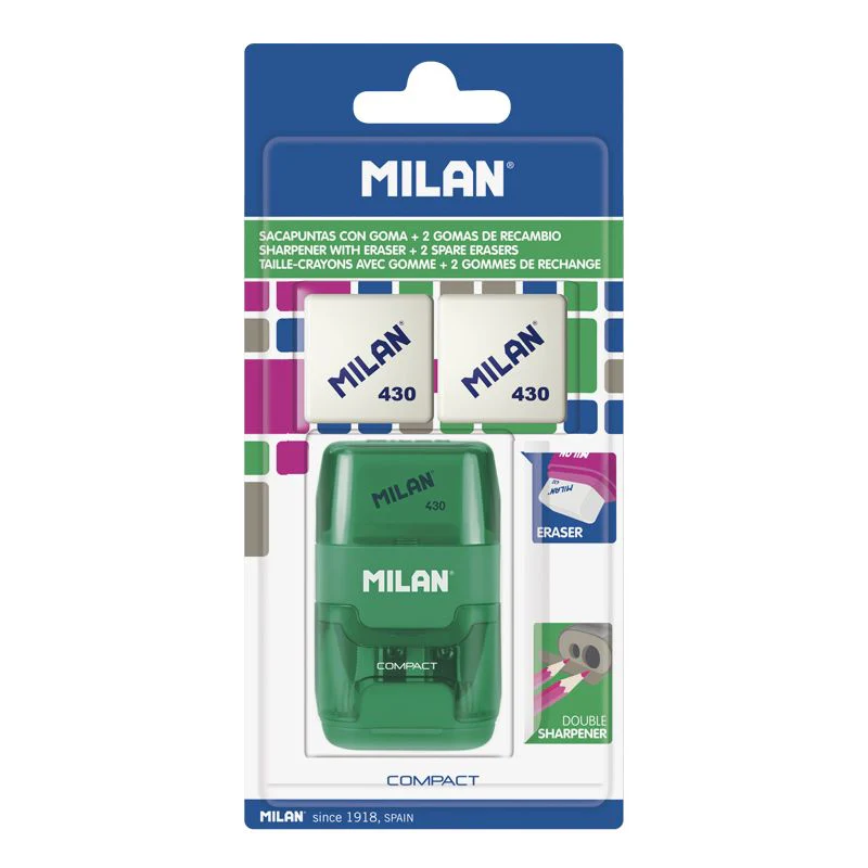 MILAN COMPACT Sharpener + 2 x Erasers [assorted colours] - Image 2