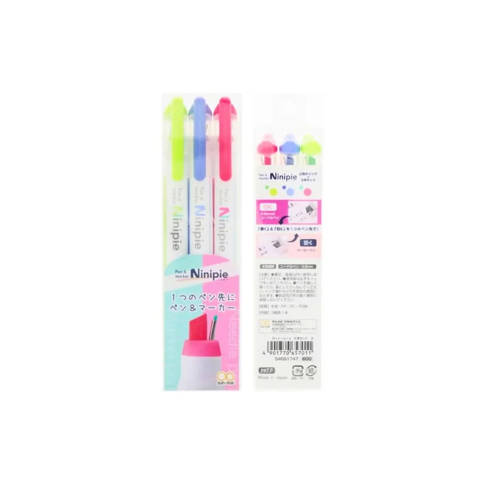 Sun-Star Ninipie 3 Colour Pack – Pastel Highlighter & Fineliner Pen Set - Image 5