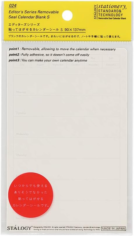 Stalogy Peel and Stick Calendar Sticker (Weekly Format)